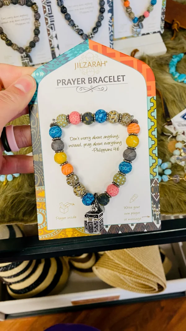 Colorful prayer bracelet with Philippians 4:6.