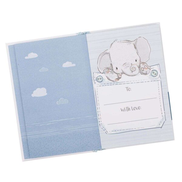 Baby's blue elephant keepsake book.