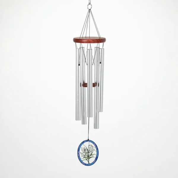 Silver wind chime with lily design.