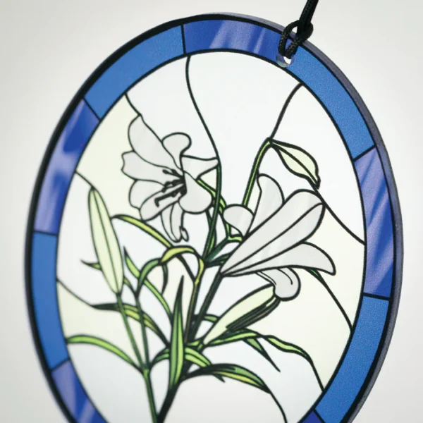 Circular stained glass lily ornament.