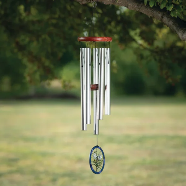 Silver wind chimes with flower detail.