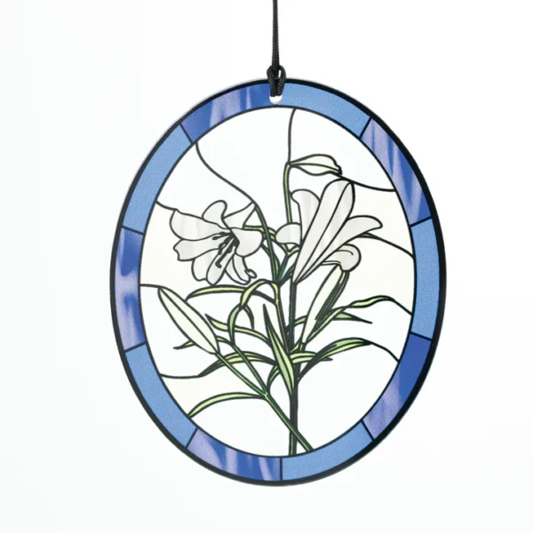 Oval stained glass lily window hanging.