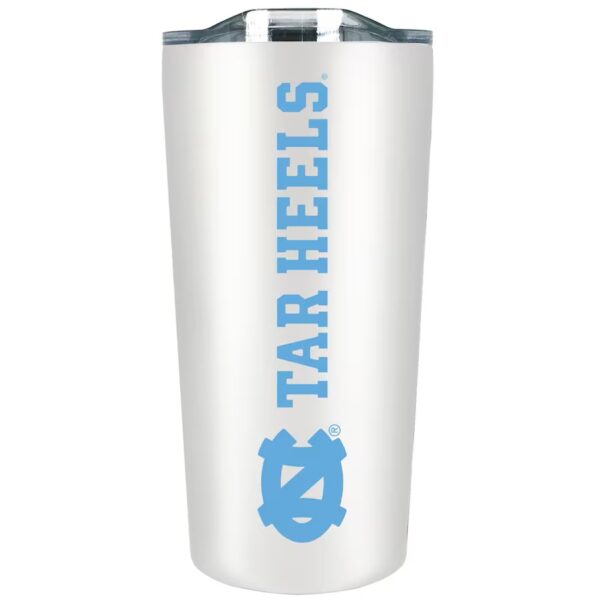 White Tar Heels tumbler with logo.