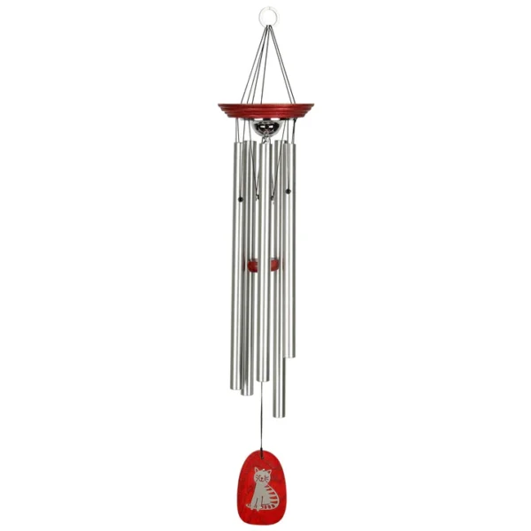 Silver wind chimes with red cat charm.