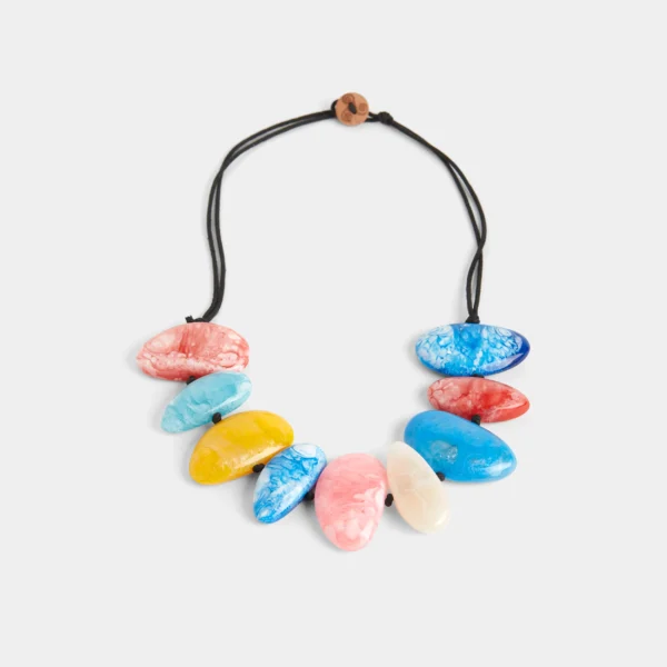 Colorful stone necklace on black cord.