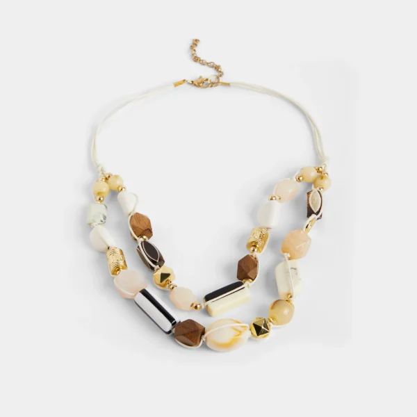 Double layered beaded necklace, gold accents.