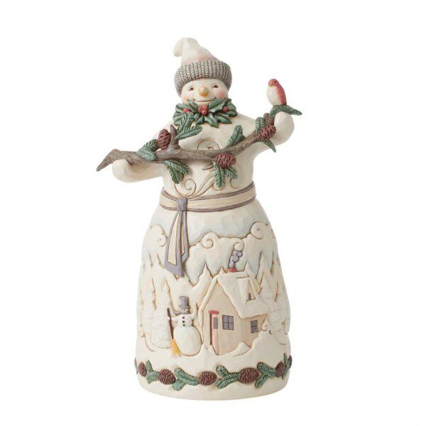 Charming snowman figurine with winter scene.