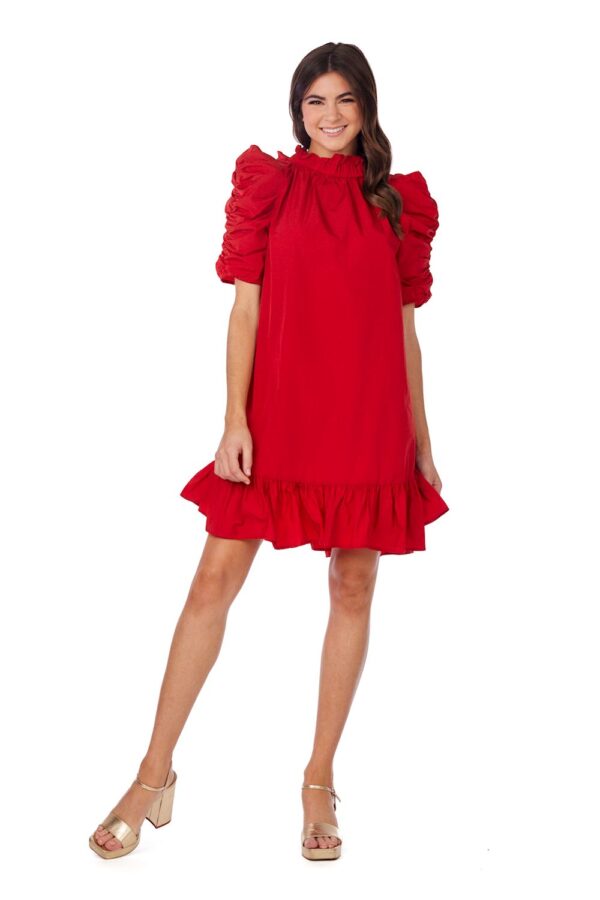 Red ruffle dress with puff sleeves.