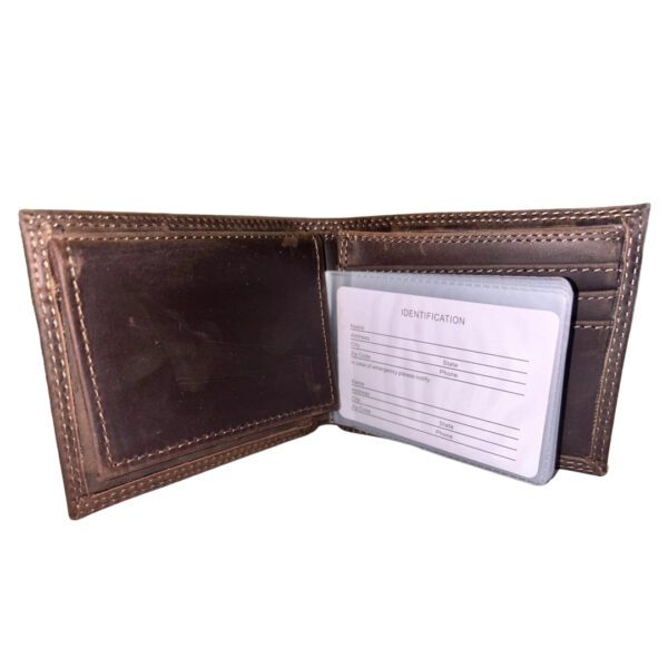 Brown leather wallet with ID slot.