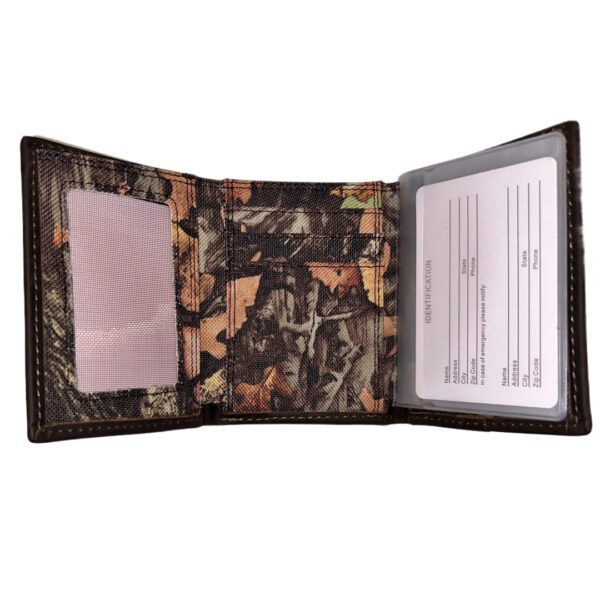 Brown camouflage trifold wallet with ID.