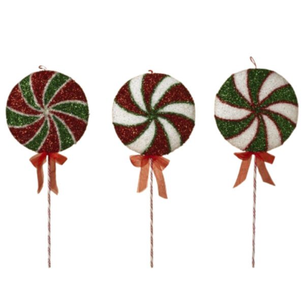 Three red and green glitter lollipops.