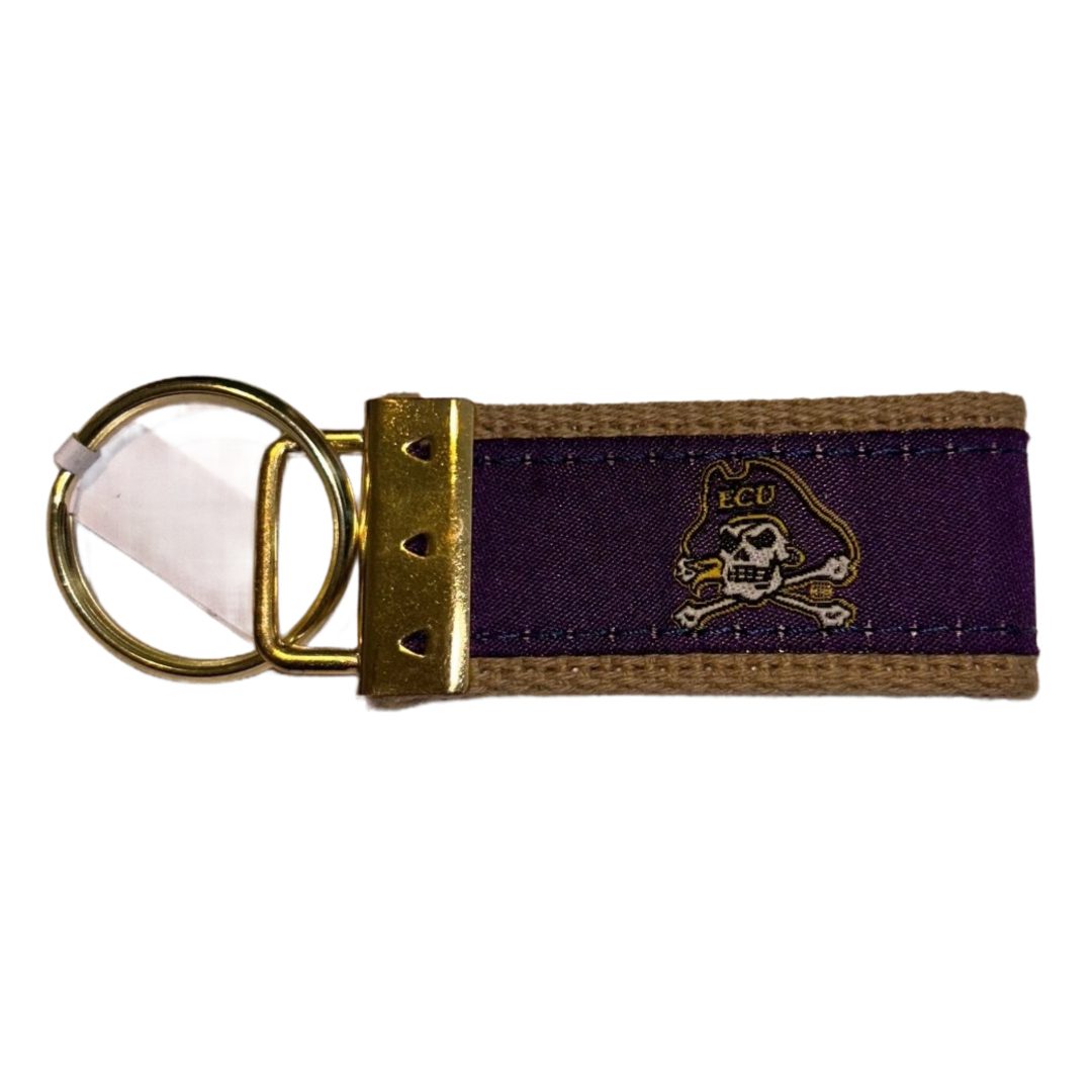 ECU Pirates keychain, purple and tan.