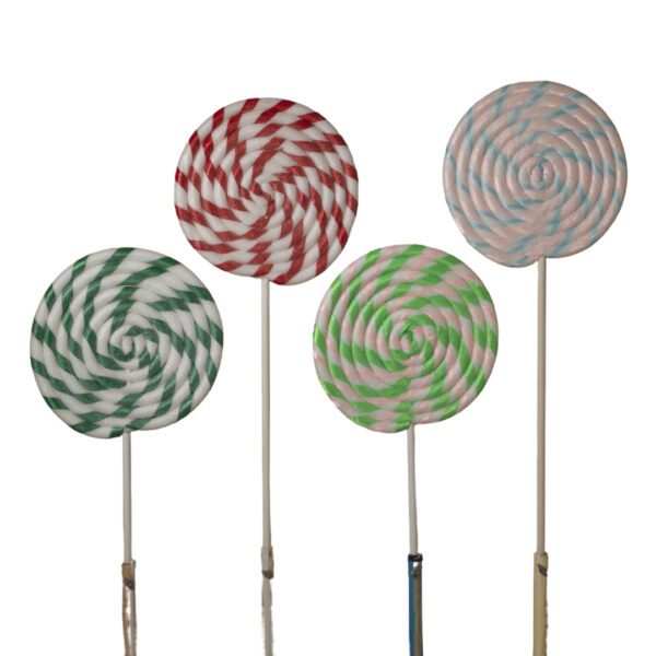 Four striped lollipops on sticks.