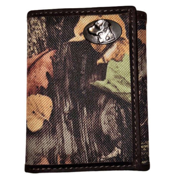 Camouflage tri-fold wallet with dog.