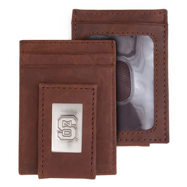 Brown leather wallet with logo.