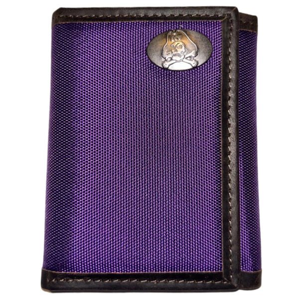 Purple tri-fold wallet with skull logo.