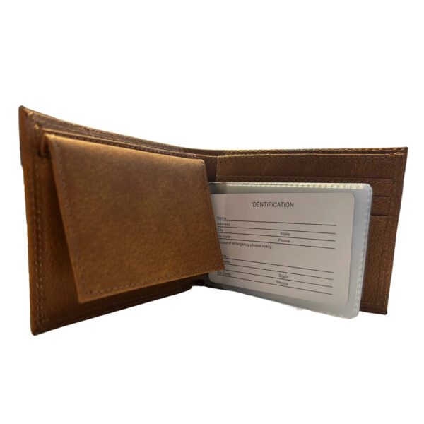 Brown leather wallet with ID slot.