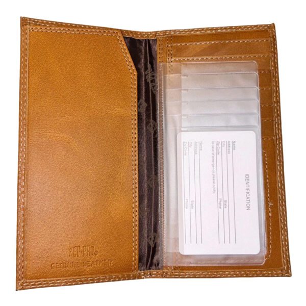 Brown leather wallet with ID slots.