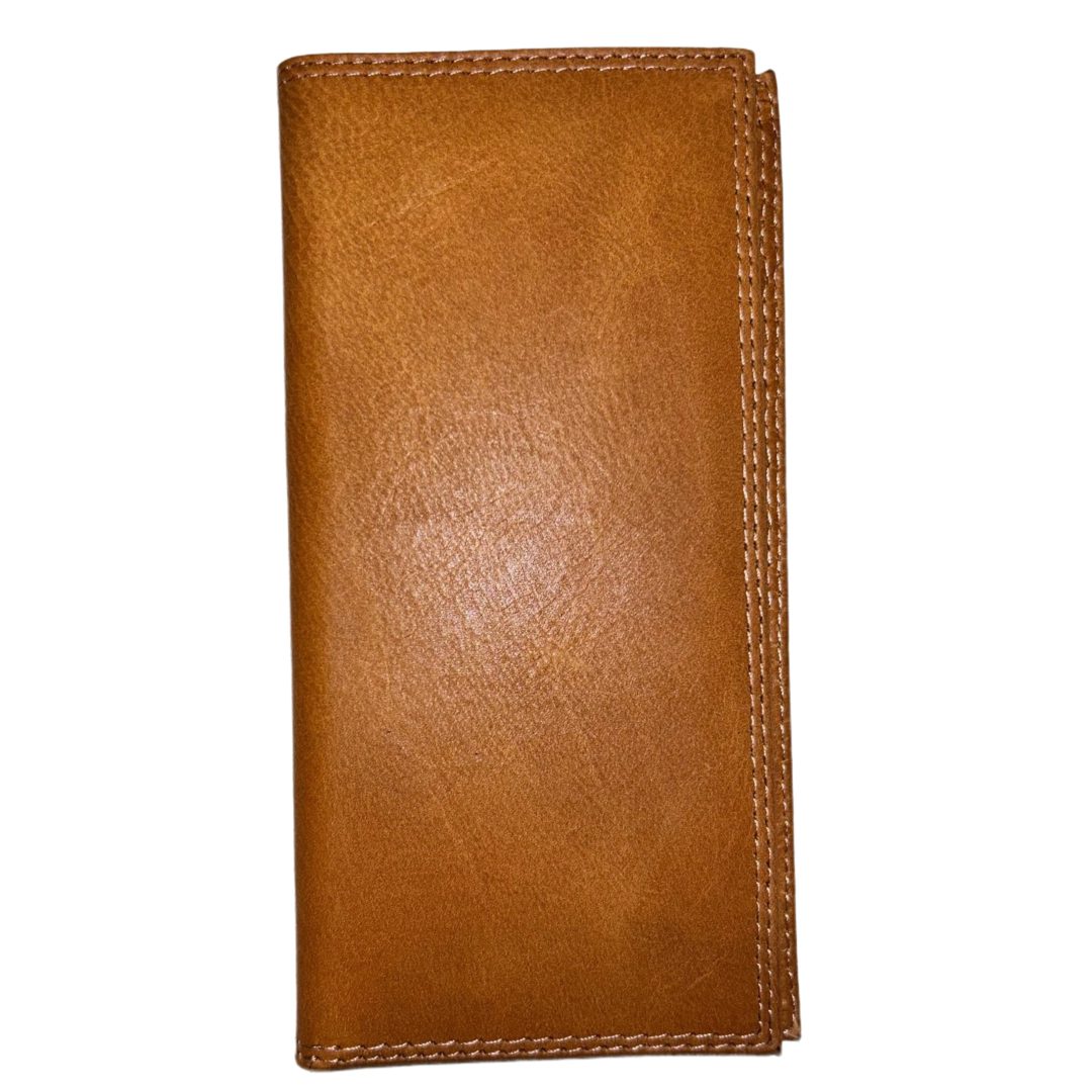 Brown leather wallet, stitched edges.