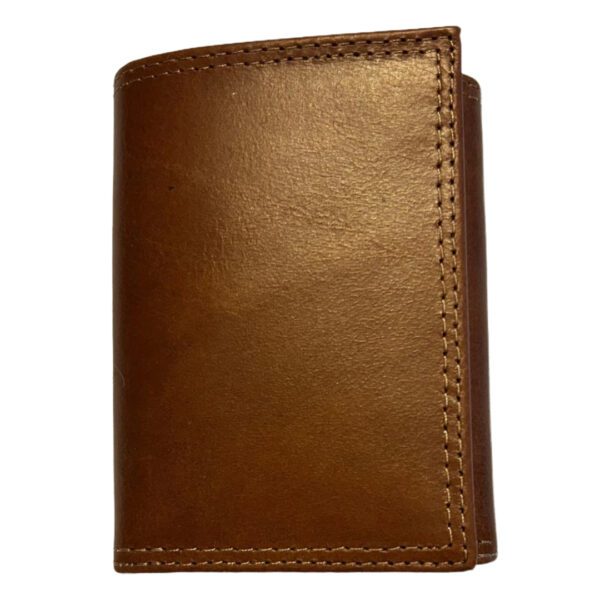 Brown leather trifold wallet.