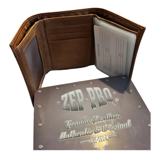 Brown leather Zep-Pro trifold wallet.