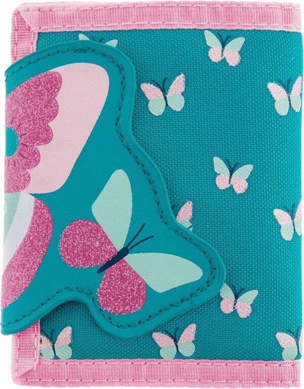 Teal butterfly wallet with pink accents.