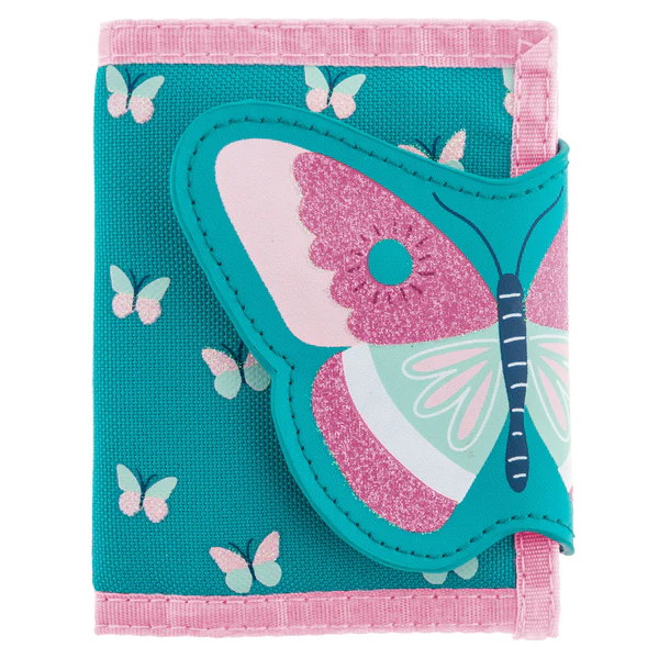 Teal butterfly wallet with pink accents.