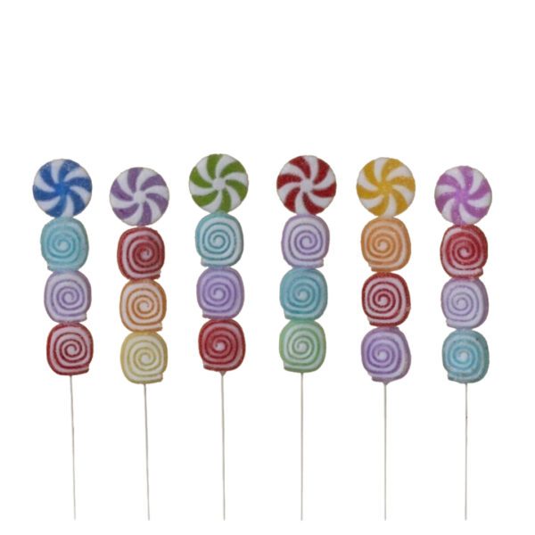 Six colorful candy lollipop sticks.