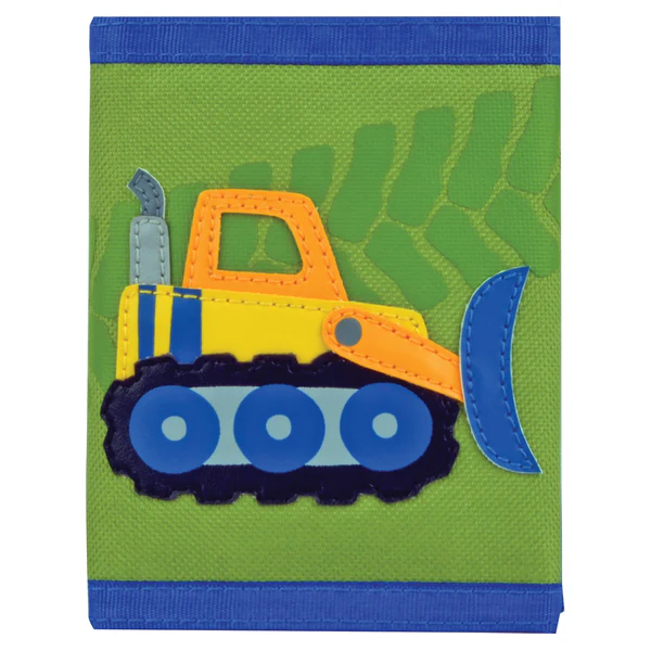 Kids' bulldozer wallet, green background.