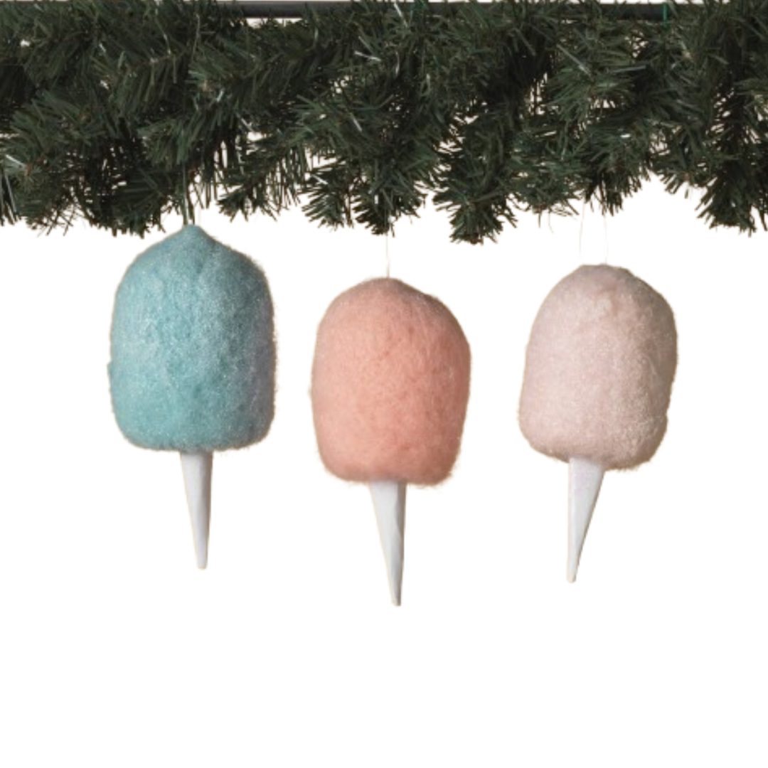 Three pastel cotton candy ornaments.