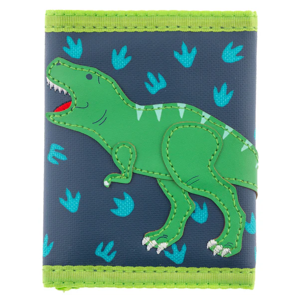 Kids' wallet; green T-Rex design.