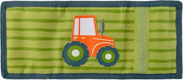 Green striped wallet with tractor design.