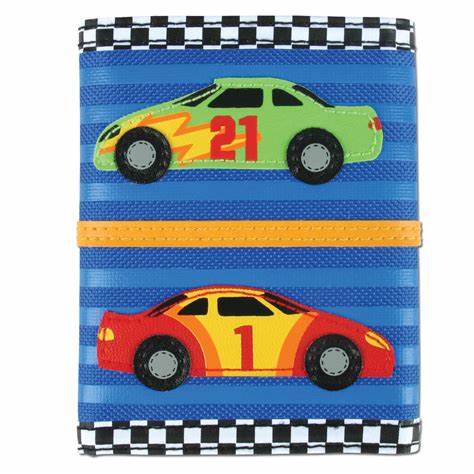 Blue race car wallet with two cars.