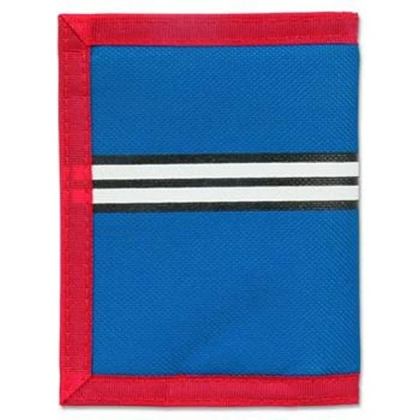 Blue wallet with red and white stripes.