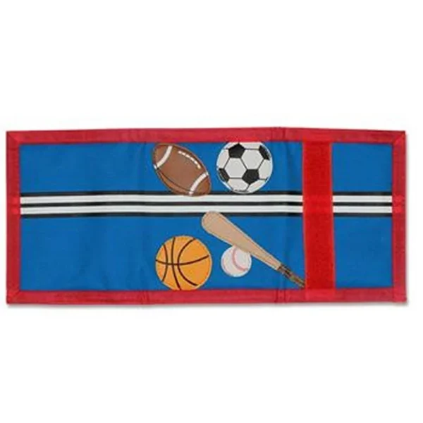 Blue sports wallet with balls and bat.