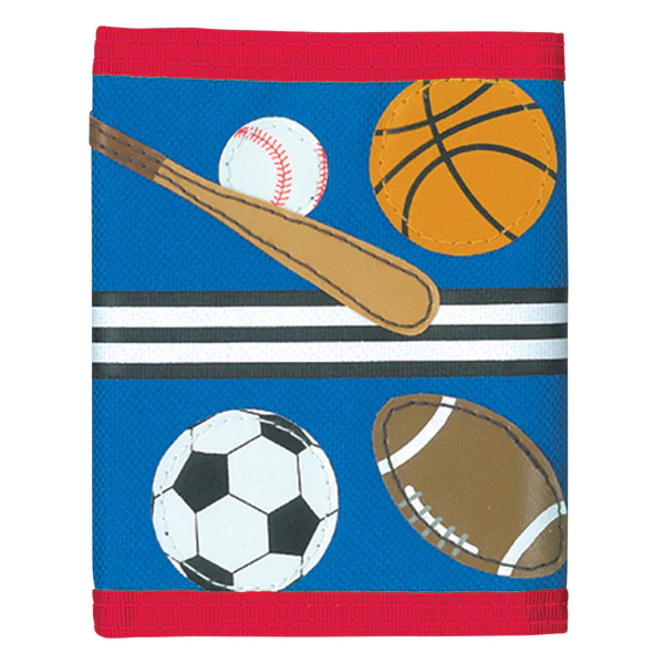 Sports-themed wallet with baseball, soccer, etc.