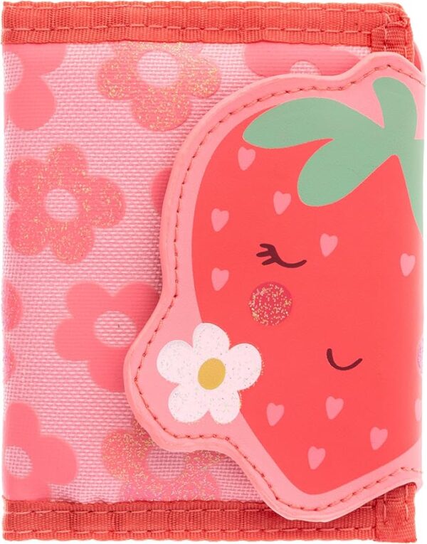 Pink strawberry-shaped children's wallet.