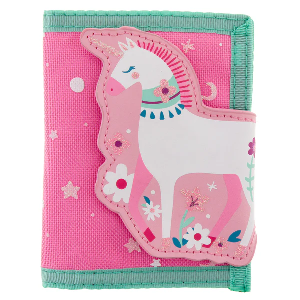 Pink unicorn wallet with flowers.